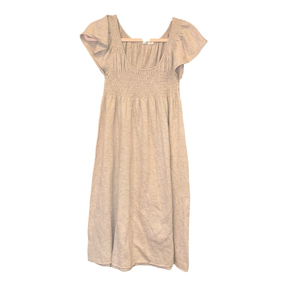 MOTH Anthropologie Knit Smocked Waist Midi Dress Beige Cap Sleeve Size L AR40